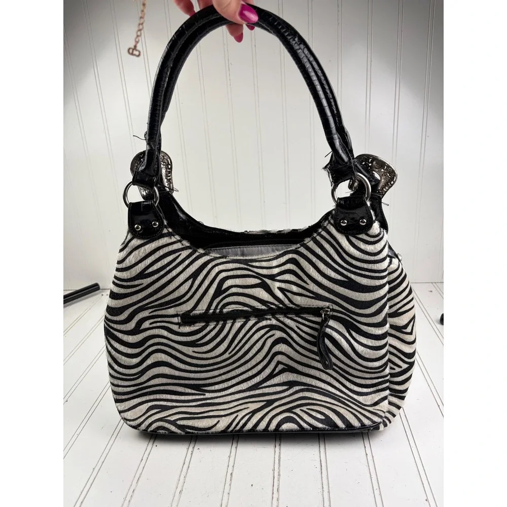 Western Cross Zebra Black Leather Vintage Y2K Studded Rhinestone Shoulder Bag